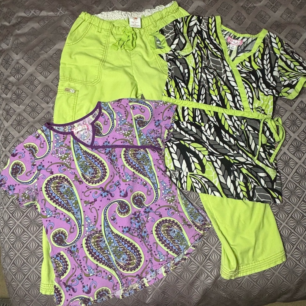 Koi Women's Lime Green and Purple Scrub Set